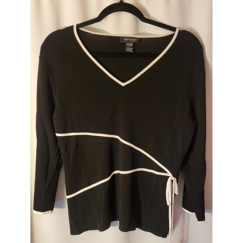 Cable & Gauge Black White Knit Sweater V-Neck 3/4 Sleeve Tie Waist Womens Large